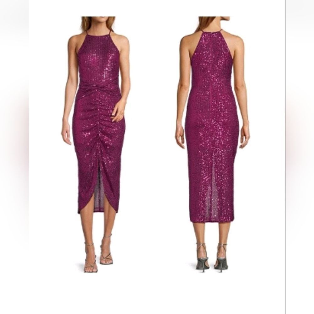 NWT Badgley Mischka Belle Pink Sequin Halter Dress Size 4